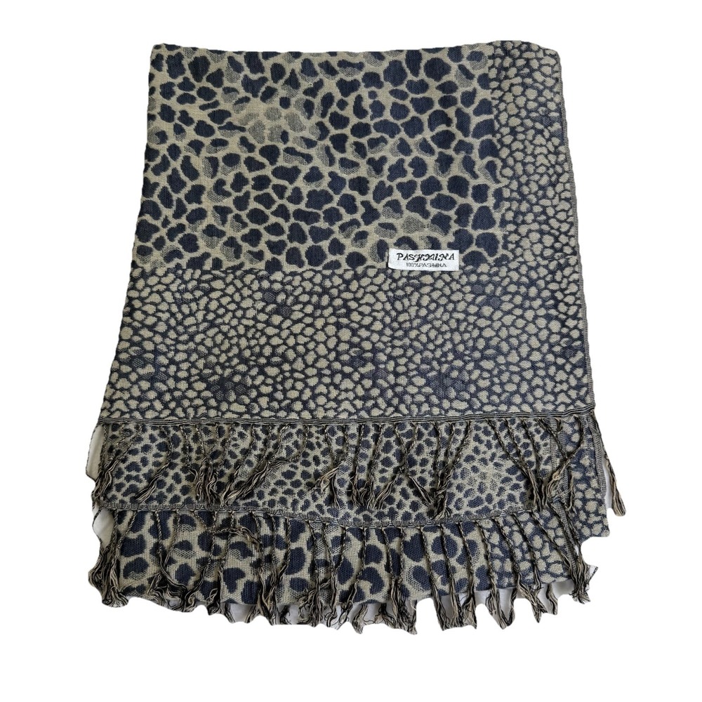 Pashmina Scarf Women OS Grey Beige Excellent Leopard Print Fringe Shawl Wrap